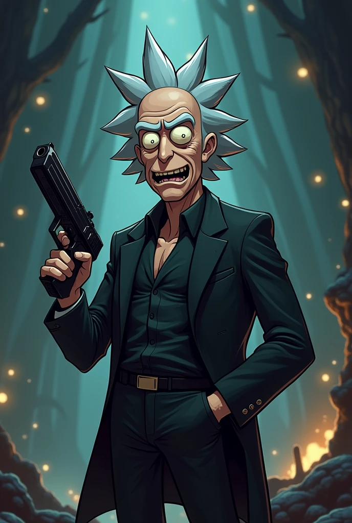 I created a 90s dark fantasy cartoon version of Rick Sanchez from Rick and Morty wearing a black suit and carrying a pistol