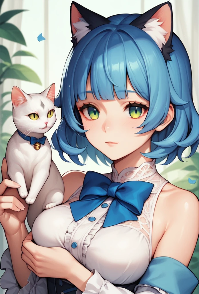 1 Girl, Frederica Belcastel, Bangs, blue bow, Blue Hair, blunt Bangs, bow, Breast Holding, Cat's Tail, Cross your arms, skirt, Long hair, Long sleeve, Purple Eyes, Simple background, Solitary, tail bow, Tail ornaments, Tail raised, Tail band