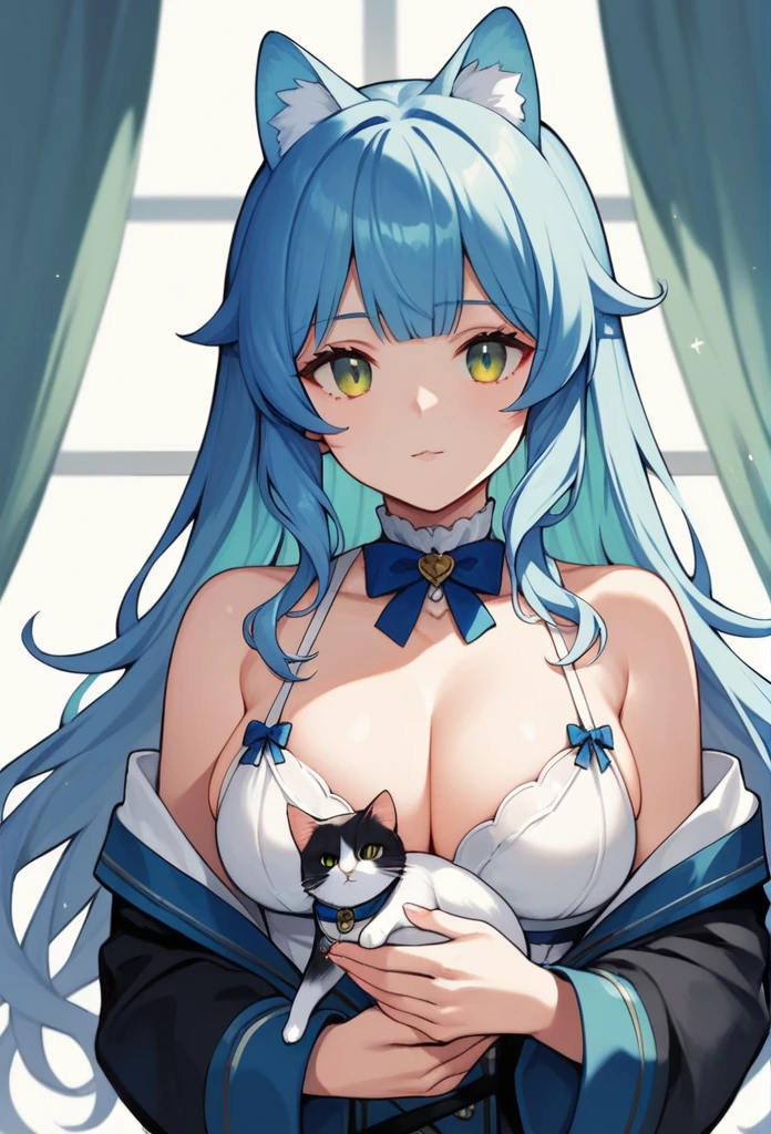 1 Girl, Frederica Belcastel, Bangs, blue bow, Blue Hair, blunt Bangs, bow, Breast Holding, Cat's Tail, Cross your arms, skirt, Long hair, Long sleeve, Purple Eyes, Simple background, Solitary, tail bow, Tail ornaments, Tail raised, Tail band
