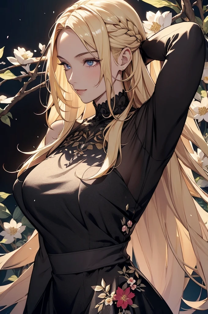 (masterpiece, best quality, ultra-detailed:1.3), 1girl, arms behind head, (smile:0.5) edgPetal, a woman wearing a black dress made of flower petals, wearing edgPetal, garden background, dimly lit BREAK (long blonde hair), mid parted hair