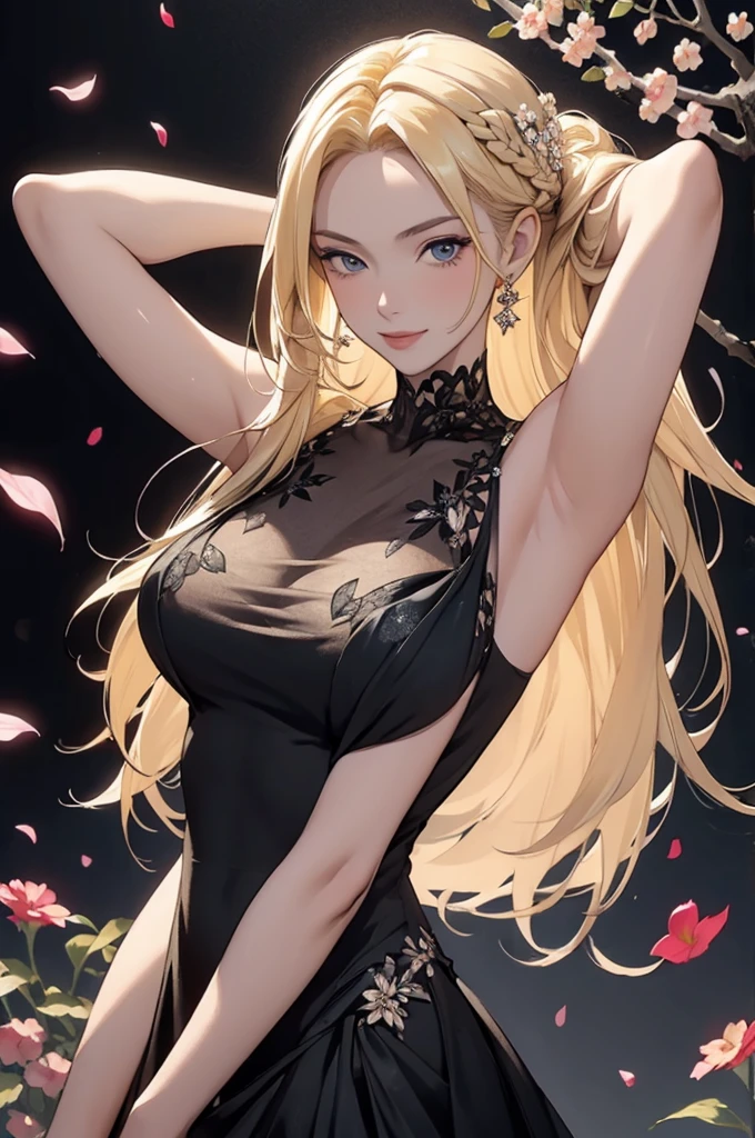 (masterpiece, best quality, ultra-detailed:1.3), 1girl, arms behind head, (smile:0.5) edgPetal, a woman wearing a black dress made of flower petals, wearing edgPetal, garden background, dimly lit BREAK (long blonde hair), mid parted hair  