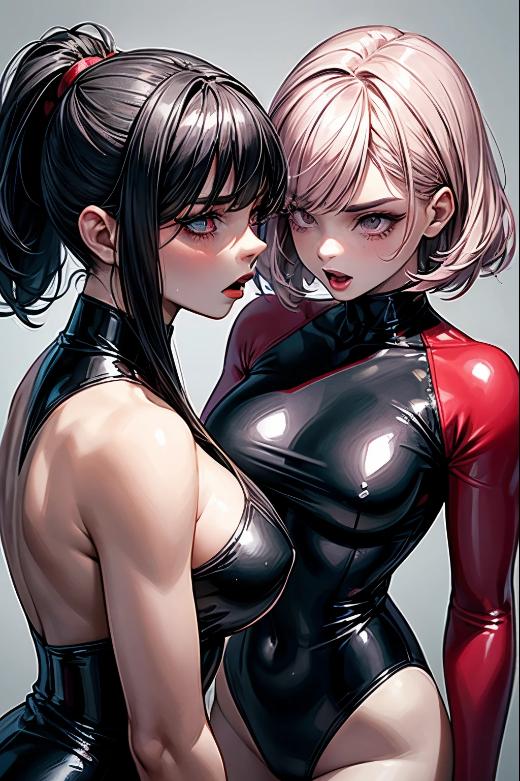 Two girl are arguing with anger, one girl has long black hair, another girl has pink short hair,  side view, photorealistic cute gymnasts, beautiful faces, European faces like a doll, heavily make-up faces, open mouth with brutal rage, burning eyes with heavy dark eyeshadow, dark bloody-red lip with canger, grinding in frustration, upper body portraits above the knees, wearing long sleeve latex leotards,tight-fitting and extra shiny black leotards, wearing fishnet bodysuits, wearing red belts