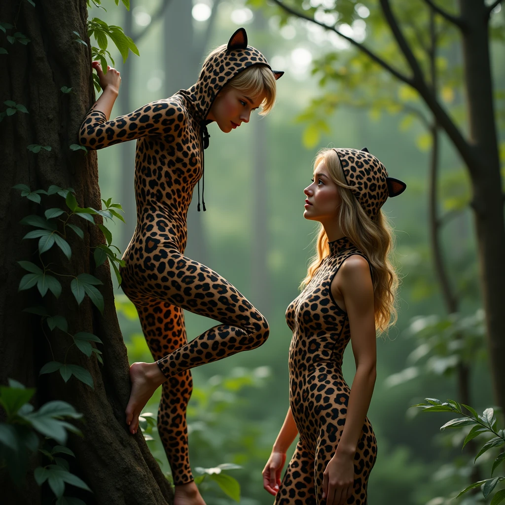 slender thin and handsome jumgle ager beatifull woman 30 anos hair blond eyes blue with beautiful cheeks wears leopard print lycra turtleneck unitard catsuit covered with black seamless spots and always wear leopard colour print lycra elastane stretchy dance wear hood covered with leopard seamless spots.He climbs a tree in the forest.