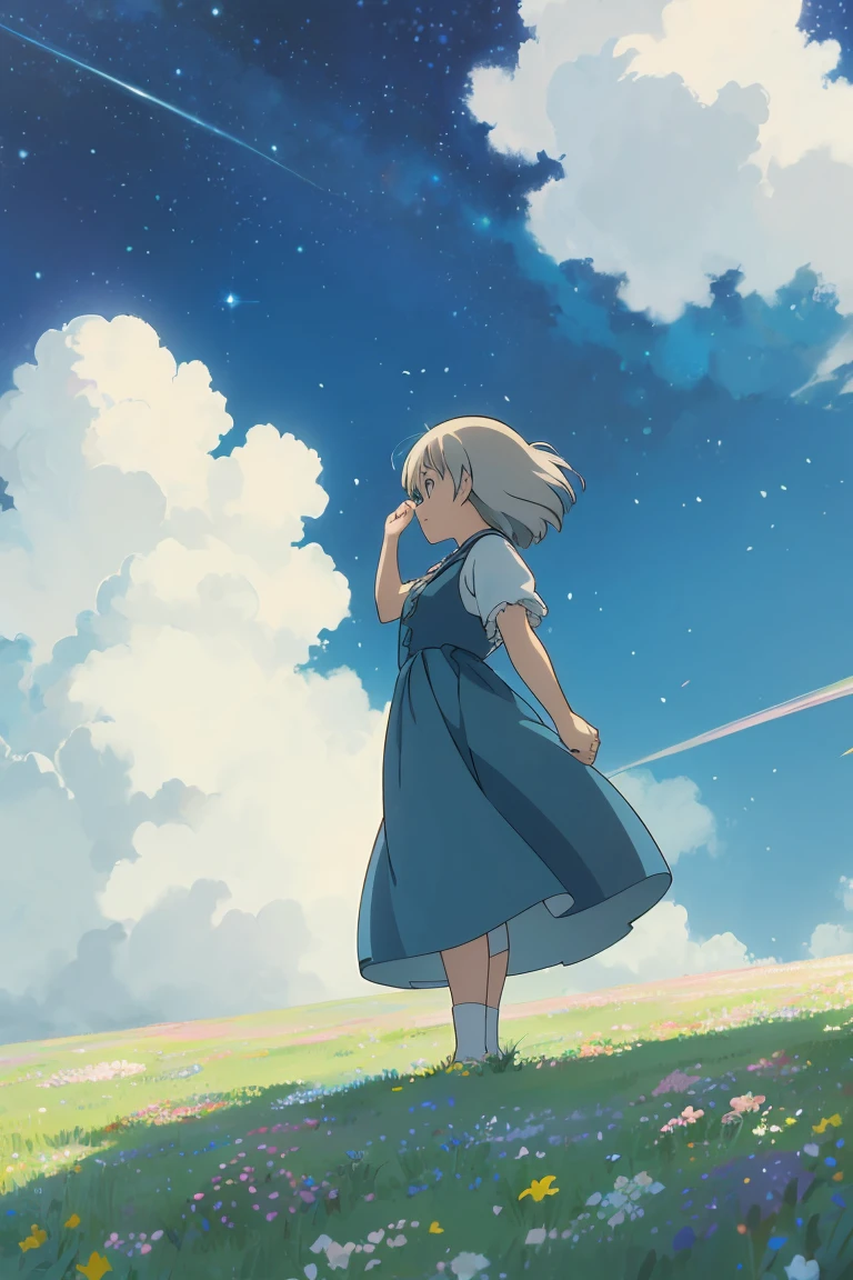 A girl on a meadow,おおぞらにまたたくstar,star,milky way,I look up and see,masterpiece,Highest quality,最高masterpiece,Detailed anime art,Digital Art,