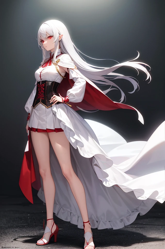 Girl, so beautiful,beauty, Red Eyes, Western clothing, White clothes, Red Cape, Holding a sword, Silver Hair,Long Hair, whole body, shoes, Simple Background, so beautiful, One person, cute, Long sword、mini skirt、Two Legs,Facing forward,Are standing,Well-formed face、corset、Decorative clothing、Highly detailed face、Perfect lighting、Extremely detailed CG、(Perfect hands、Perfect Anatomy)、Dynamic pose、