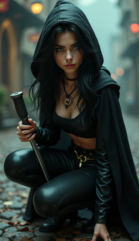 Matty, the Caucasian Elf from D&D, best quality, ultra-detailed CG unity 8k wallpaper, crouching, high resolution, dynamic pose, beautiful face, (green eyes:1.2, black hair:1.3, middle parted bangs, black leather top, black leggings, black cloak with hood up, cleavage, bare midriff), depth of field, dark cityscape, magic light), holding a dagger in her right hand and a satchel of coins in her left hand
