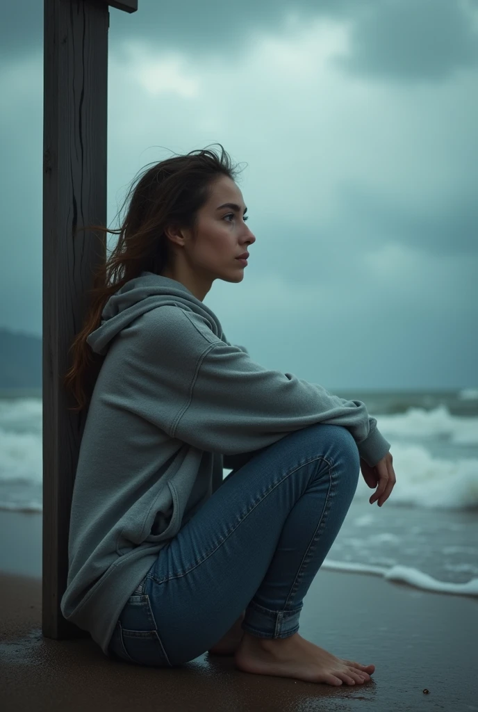 "A wide-angle shot of a beautiful young woman wearing hoodie and denim pants huddled under a beach guard post, captured on a RED Komodo 6K with a Leica Summilux-M 35mm f/1.4 lens. The scene captures the torrential rain pouring down, with the beach and ocean in the background, blurred by the shallow depth of field (f/2.0). She is seated on the wooden platform, her arms wrapped around her knees, looking out at the storm with a contemplative expression. The lighting is soft and diffused, with the grey clouds overhead casting a muted glow, enhancing the mood of solitude and introspection, reminiscent of Emmanuel Lubezki's atmospheric style."