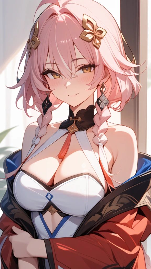 (Masterpiece, best quality:1.2,) \(mingchao/changli\), 1girl,solo,long hair,hair ornament,pink hair,cleavage,bare shoulders,ahoge,bangs,smile,closed mouth,braid,upper body,hair between eyes,off shoulder,multicolored hair,twin braids,earrings,