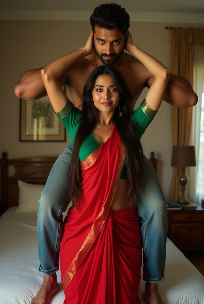 Beautiful and Slim, Sexy Indian woman in green blouse red saree lifting a large chubby man above her shoulders, man is sitting on woman's shoulders, in a bedroom with high ceiling, natural smile, woman is looking into the camera , full body image