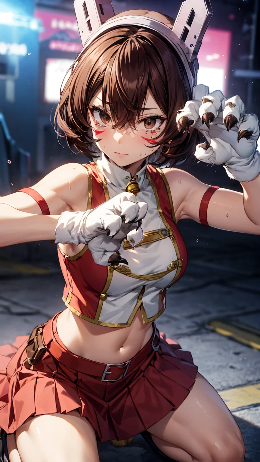 ,Are crying,Cowboy Shot,shinososaki, Shino sosaki, short hair, Brown Hair, Armpit,Steamy,Sweat,Large Breasts,Submission pose,Animal ears, Hair between the eyes, (Brown eyes), headgear, Facial blemishes, Face Paint,gloves, belly button, No sleeve, abdomen, Bell, Red Skirt, neck Bell,((Animal Hands)),((Claw Pose)),(squat,Kneel),masterpiece,Noise Reduction,Perfect Anatomy,High resolution, Very detailed, Very detailed face,Game CG,Dutch Angle ,Beautiful attention to detail,Visual Arts,Five Fingers, Perfect hands, Perfect lighting, Sparkling Eyes,