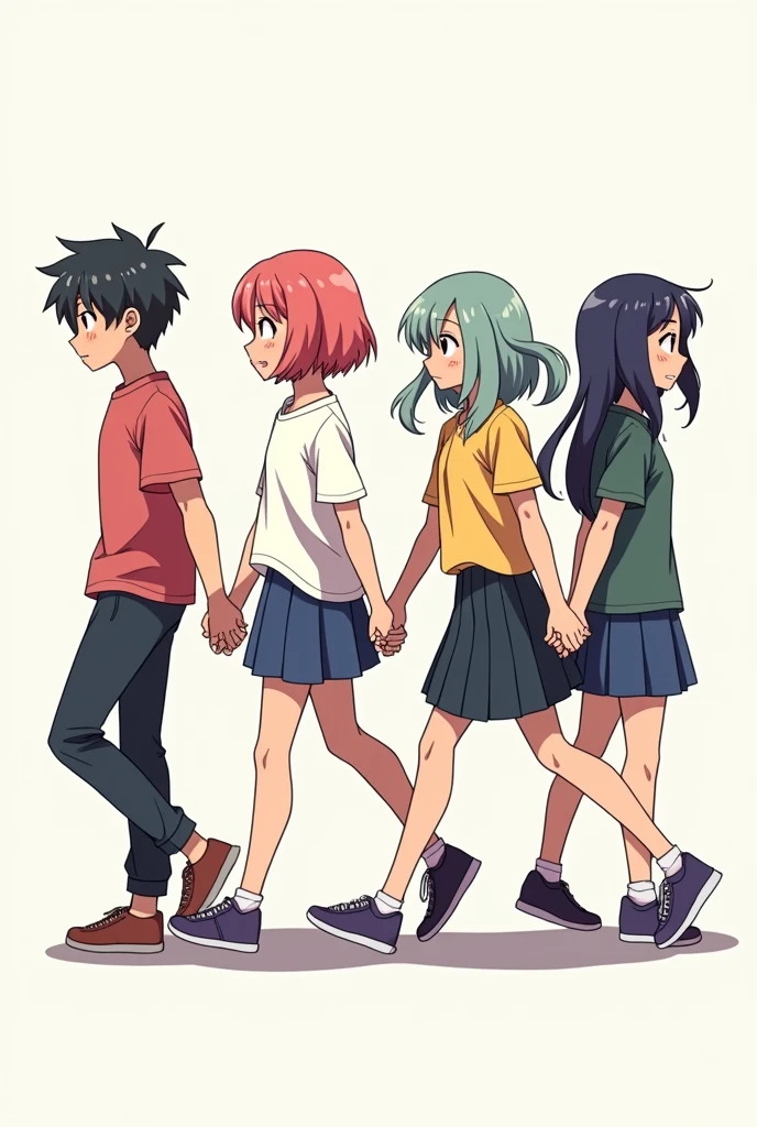 4 students in the form of a chivi character holding hands walking together in profile anime style