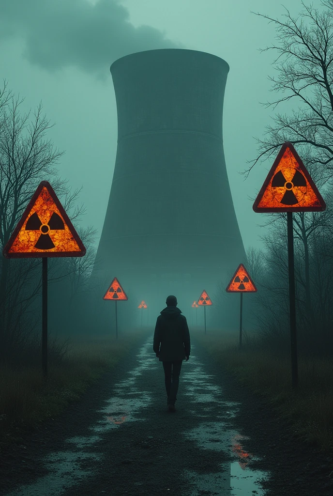 CHERnobyl flyer with danger and radiation signs with a person walking towards an abandoned nuclear power plant