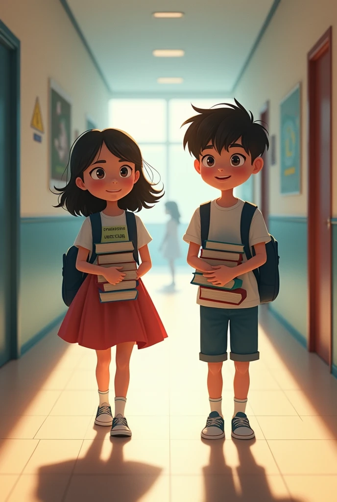 Create an image where you can see that on an imaginary trip in Cecyt 14, A girl and a boy were walking in the hallway with books under their arms., And suddenly those two souls were destined to meet..