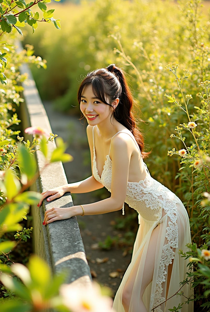 (Highest quality:1.4),(masterpiece:1.4),(Realistic:1.4),(Realistic:1.2),(超High resolution, RAW Photos:1.4),(High resolution, Very detailed:1.2),(8k:1.2),photograph,(Shot from behind:1.3)、Korean women、brown hair photos,One Woman,alone,(In underwear),Very large breasts,((Thigh to head shot:1.3))、(((topless、You can see her large breasts from the side.)))、((Toothy smile))、((Very large breasts:1.4))、Realistic skin textures、Slightly freckled、Slender figure、Realistic skin textures、((background,Concrete wall:1.3)),(topless,The breast is visible from the side:1.6),(Long lace slip,White)、3 woman、The angle at which the nipple is not visible、((Updo long hairstyle))、((Black,Long lace slip:1.4))、Correct toes、Detailed facial features、Long slip covers the buttocks and soles of the feet、Long slip covers your butt、
