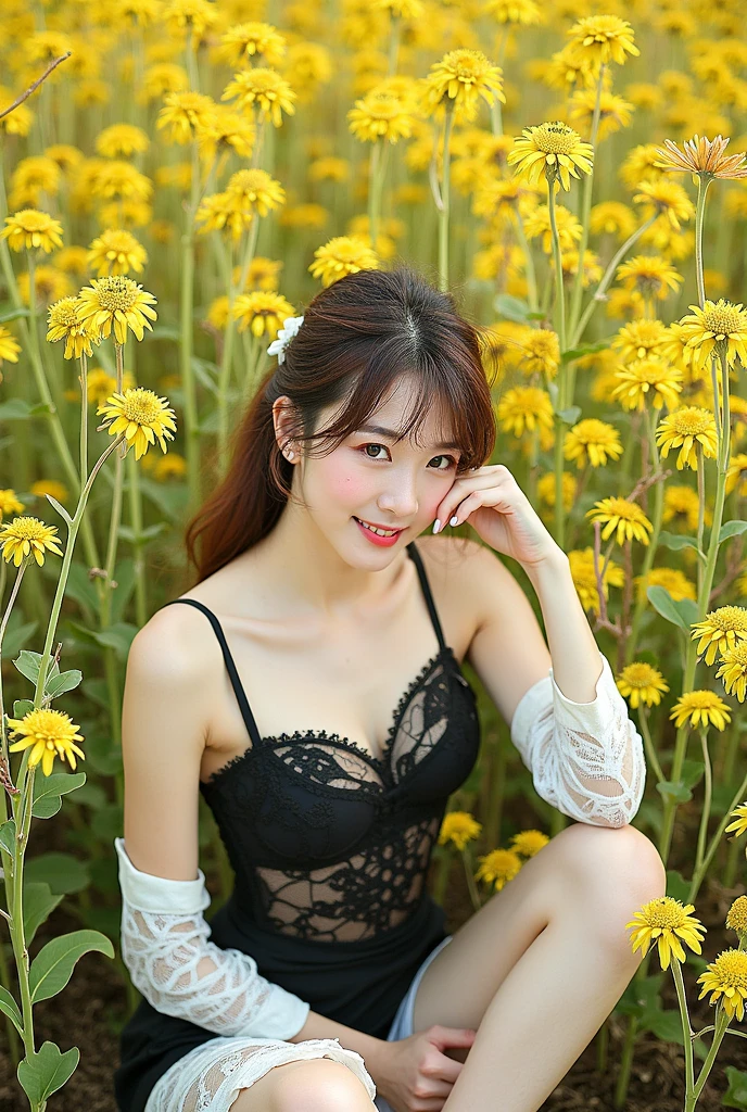 (Highest quality:1.4),(masterpiece:1.4),(Realistic:1.4),(Realistic:1.2),(超High resolution, RAW Photos:1.4),(High resolution, Very detailed:1.2),(8k:1.2),photograph,(Shot from behind:1.3)、Korean women、brown hair photos,One Woman,alone,(In underwear),Very large breasts,((Thigh to head shot:1.3))、(((topless、You can see her large breasts from the side.)))、((Toothy smile))、((Very large breasts:1.4))、Realistic skin textures、Slightly freckled、Slender figure、Realistic skin textures、((background,Concrete wall:1.3)),(topless,The breast is visible from the side:1.6),(Long lace slip,White)、3 woman、The angle at which the nipple is not visible、((Updo long hairstyle))、((Black,Long lace slip:1.4))、Correct toes、Detailed facial features、Long slip covers the buttocks and soles of the feet、Long slip covers your butt、