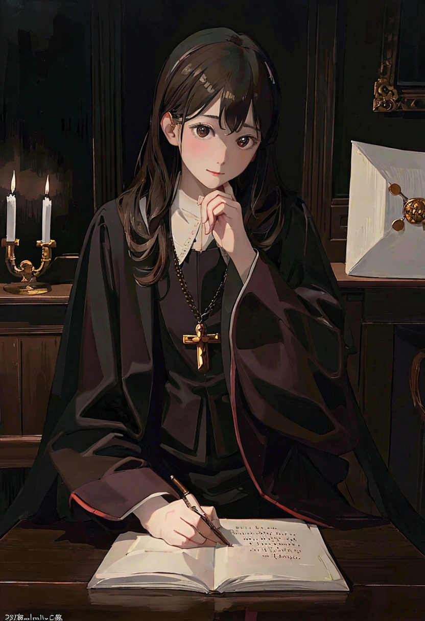 A young priest writing a letter at a desk, intricate details, ornate wooden desk, candle lit room, warm lighting, oil painting, classical art style, chiaroscuro, muted color palette, Renaissance era, high resolution, 8k, photorealistic, masterpiece