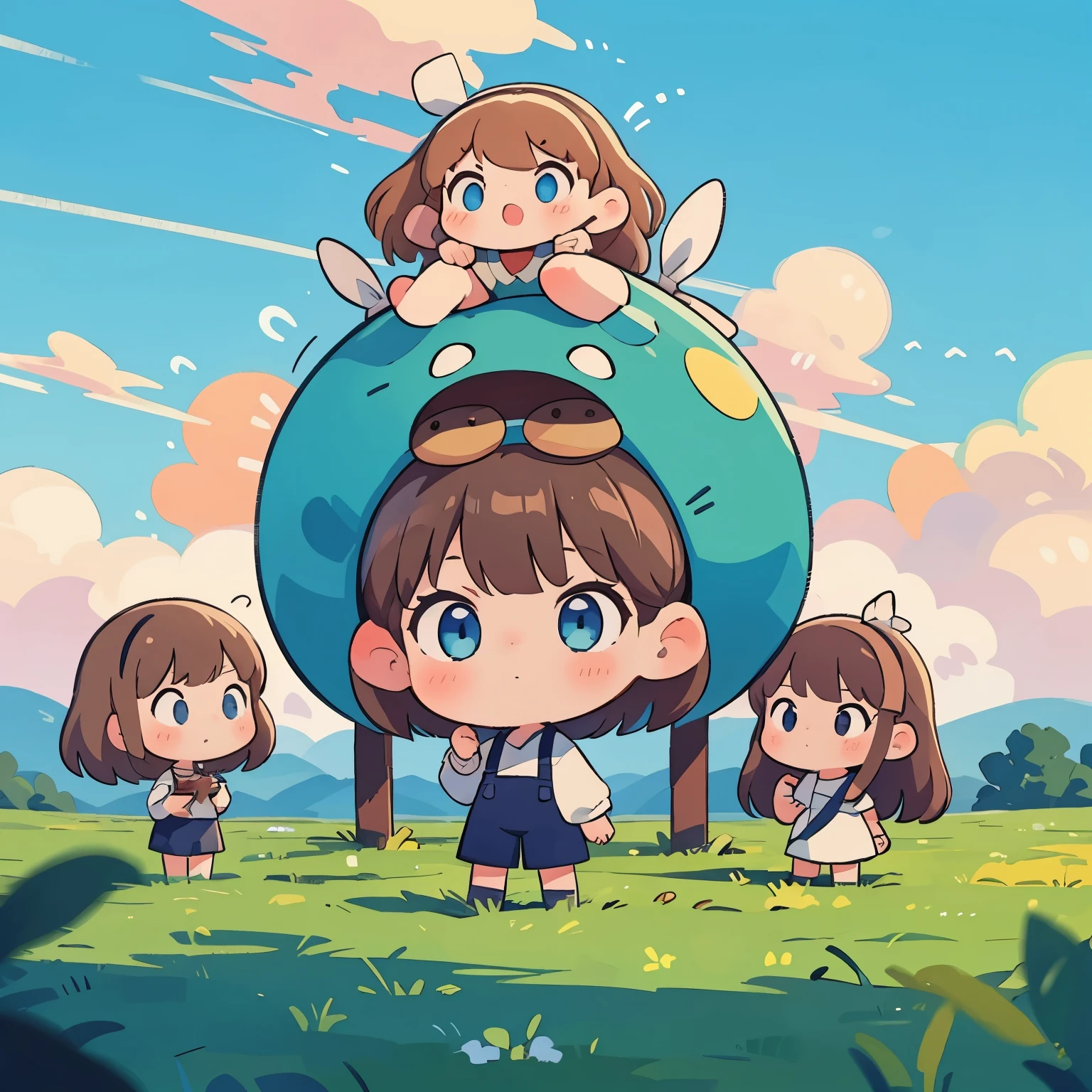 A brown-haired, blue-eyed 5girl is looking for things. sky