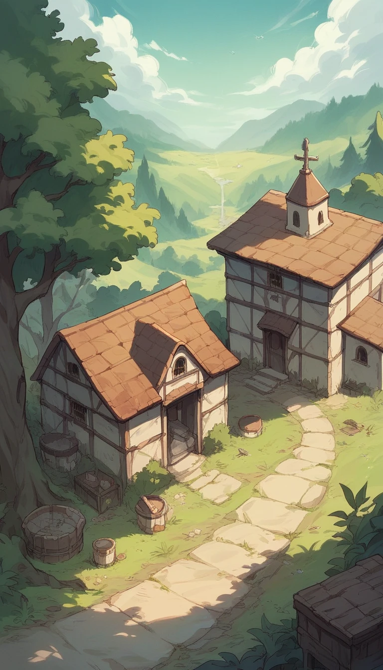 Small abandoned ancient medieval village, In the middle of a forest seen from above general view