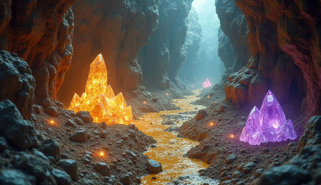 There are a lot of gold ores and various crystal ores under the ground.（best quality，4K，8k，High level，masterpiece：1.2），Ultra Detailed，（lifelike，Photo real，Photo real：1.37）