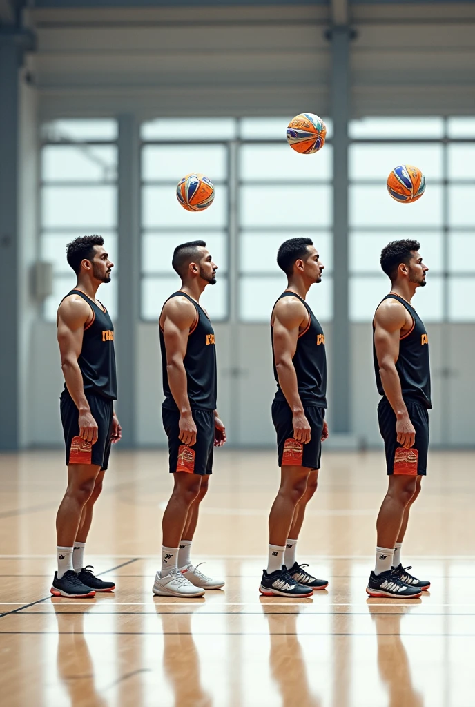Generate an image with four partition where a sports person is showing the types of handball passes that are chest pass, bounce pass,overhead pass,sidearm pass