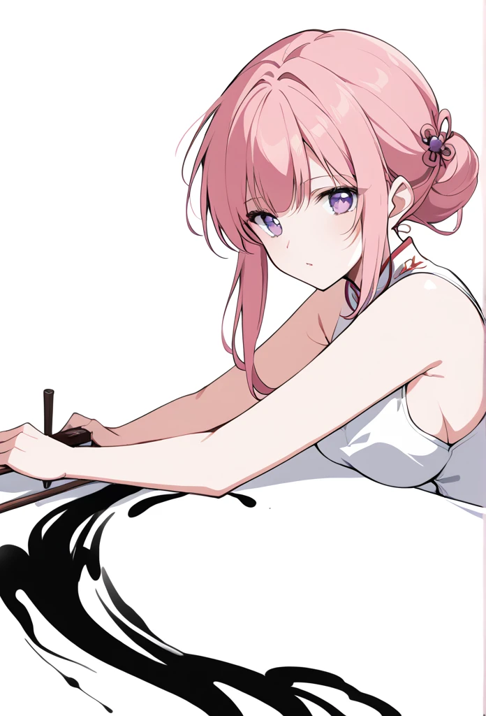 A girl, Pink Hair ,Purple Eyes, Traditional Chinese ink painting
