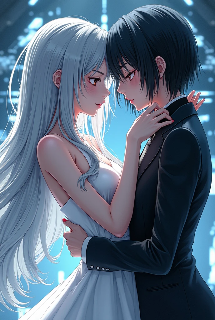 Sanakan and Cibo from Blame! Manga in a wedding dress), (sci-fi theme) suit black hair, dress striking silver hair, Futuristic atmosphere Emphasizes radiance pure atmosphere Intricate The look in their eyes and his hand touching the ends of her hair. Intimate and romantic atmosphere Highly detailed, exceptionally detailed, cinematic quality, emotionally charged scenes.