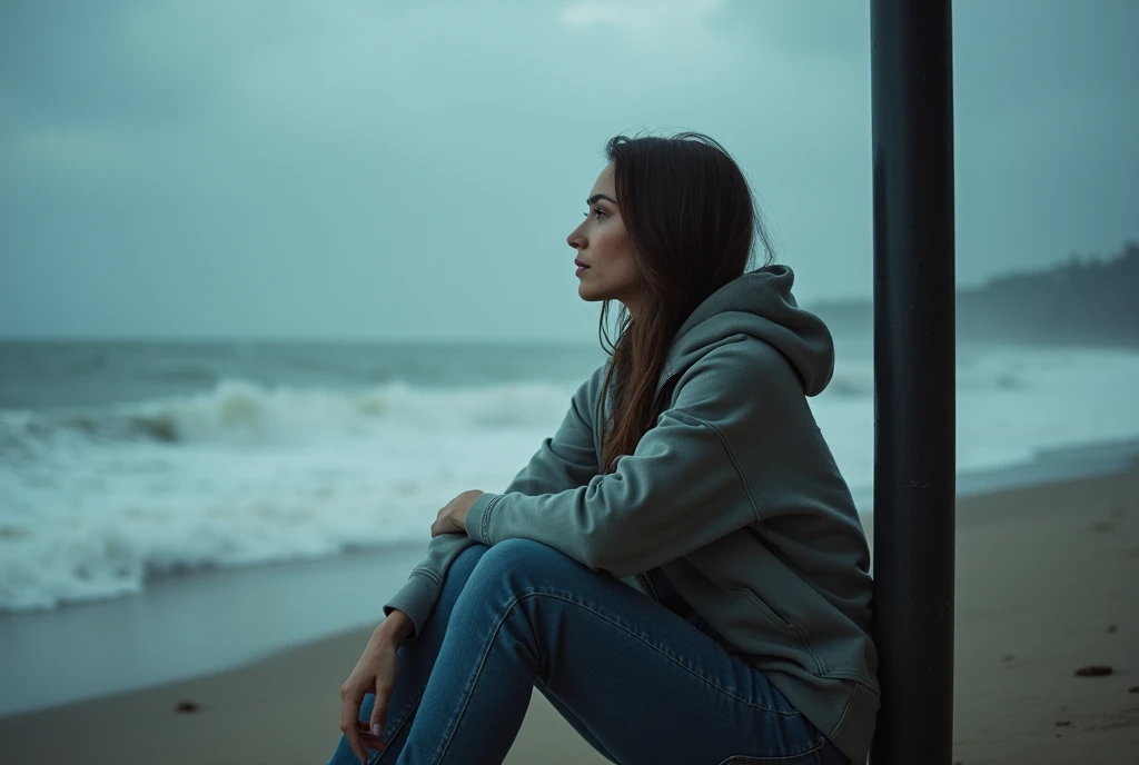 "A wide-angle shot of a beautiful young woman wearing hoodie and denim pants huddled under a beach guard post, captured on a RED Komodo 6K with a Leica Summilux-M 35mm f/1.4 lens. The scene captures the torrential rain pouring down, with the beach and ocean in the background, blurred by the shallow depth of field (f/2.0). She is seated on the wooden platform, her arms wrapped around her knees, looking out at the storm with a contemplative expression. The lighting is soft and diffused, with the grey clouds overhead casting a muted glow, enhancing the mood of solitude and introspection, reminiscent of Emmanuel Lubezki's atmospheric style."