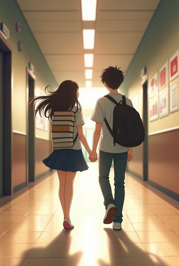 Create an image where you can see that on an imaginary trip in Cecyt 14,  A girl and a boy were walking in the hallway with books under their arms., And suddenly those two souls were destined to meet.. 