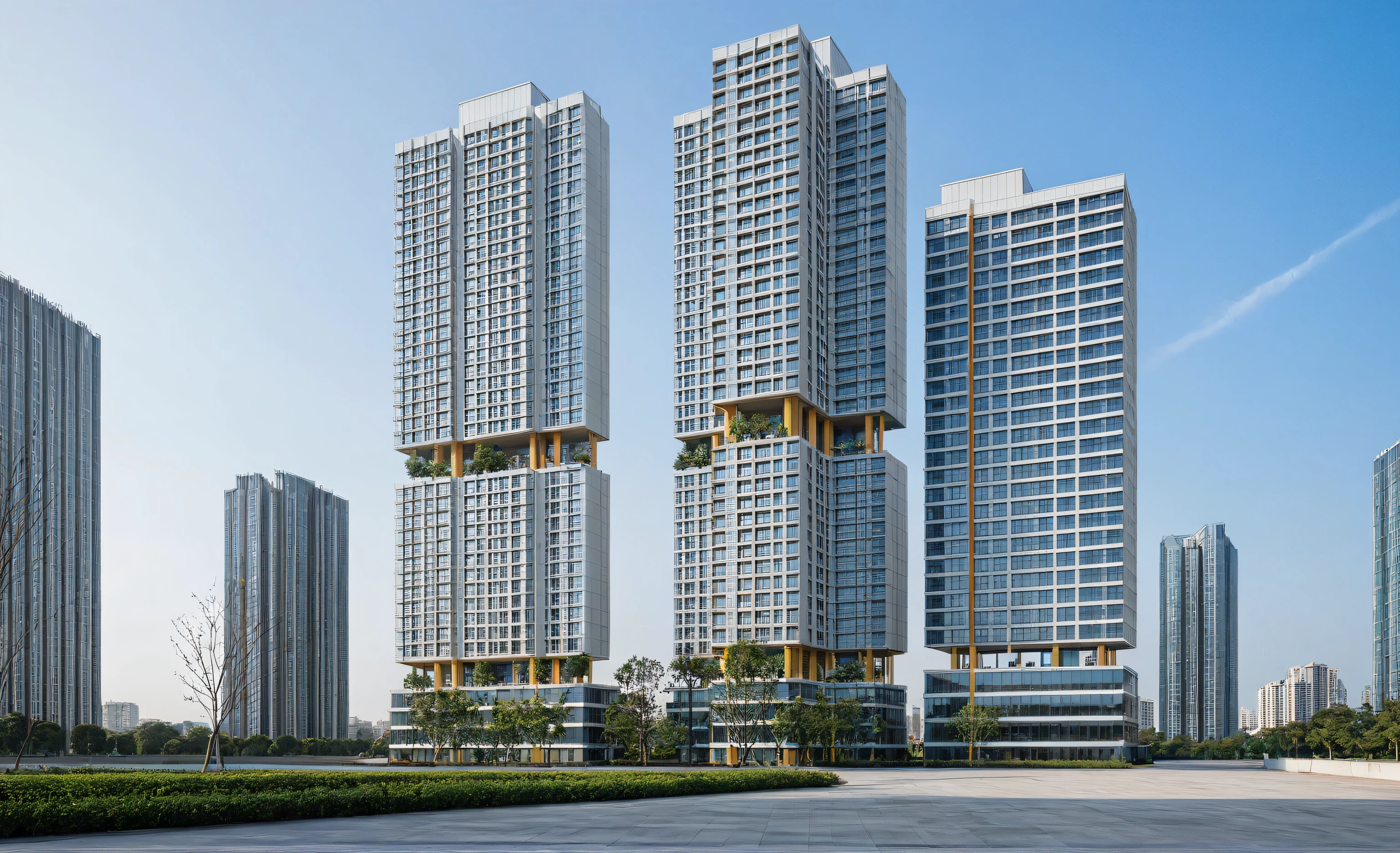 shangyejie, a residential towers, with a small podium at the ground floor and white color, in the Ho Chi Minh city in Viet Nam, designed in the style of modern architectural style. The towers have rectangular balconies on each side.side view,During the daytime, natural lighting, architectural photography, masterpiece, best quality, photorealism, ultra relistic,