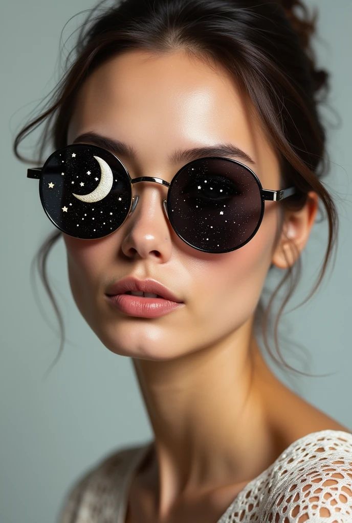The model is wearing glass sunglasses with stars and the moon on the glass