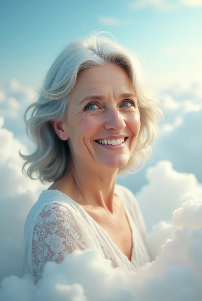 Adult woman , gray hair, blue eyes, smile on his face, looks at peace, white skin with a few extra kilos on his body, between the white clouds