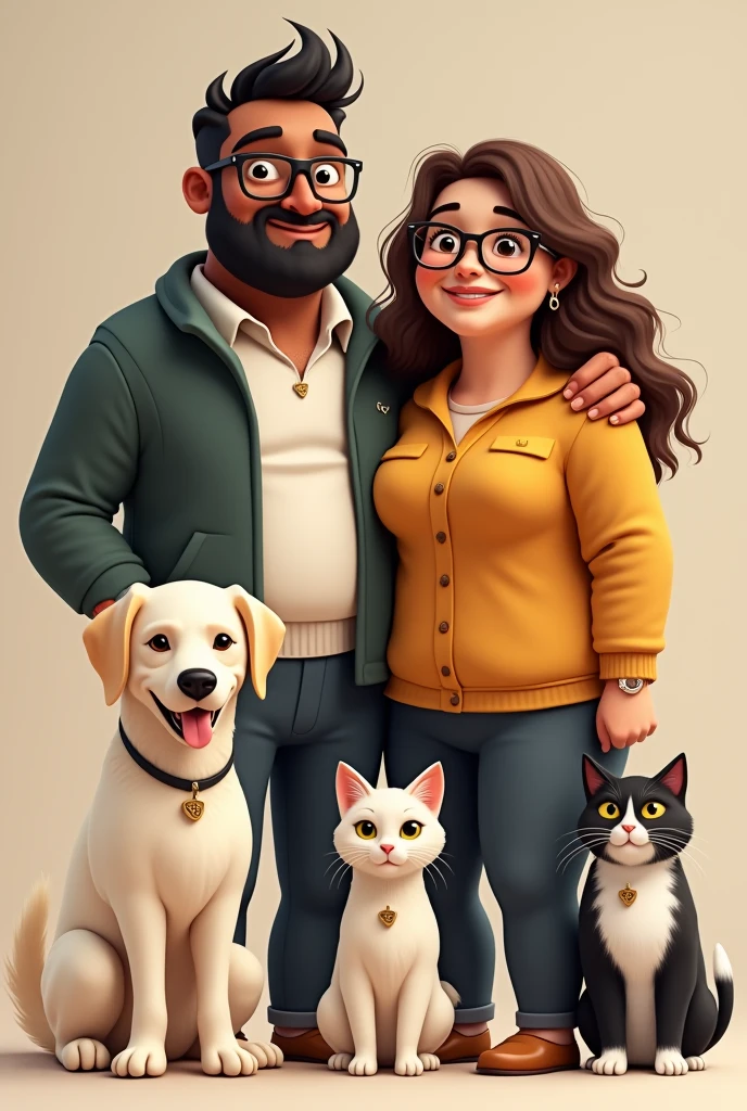 Create a family image where a couple comes together: the fat man with dark skin and square glasses, slanted eyes combed to one side, along with her female partner a little chubby with long brown curly hair with medium skin tone with round glasses Along with a large white Labrador dog with a small tag with the name Bonnie also a large black fat cat with a white spot on the middle of her face down to her belly with a tag with the name Micharda and another small white kitten with a tag with the name Kitty
