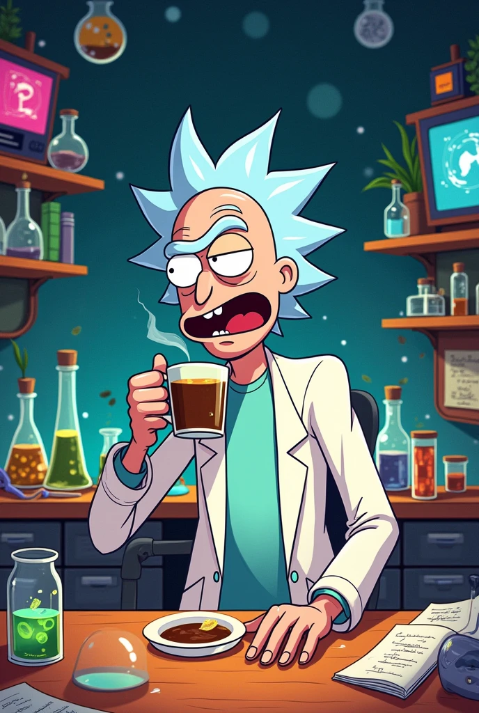 I created a 90s fantasy cartoon version of Rick Sanchez from Rick and Morty drinking coffee in his science lab.