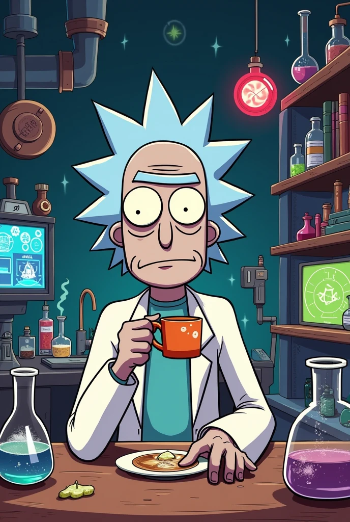 I created a 90s fantasy cartoon version of Rick Sanchez from Rick and Morty drinking coffee in his science lab.