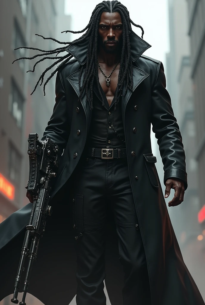 black man with long deads and wesring a long black coat, with a minugun instead of left hand 