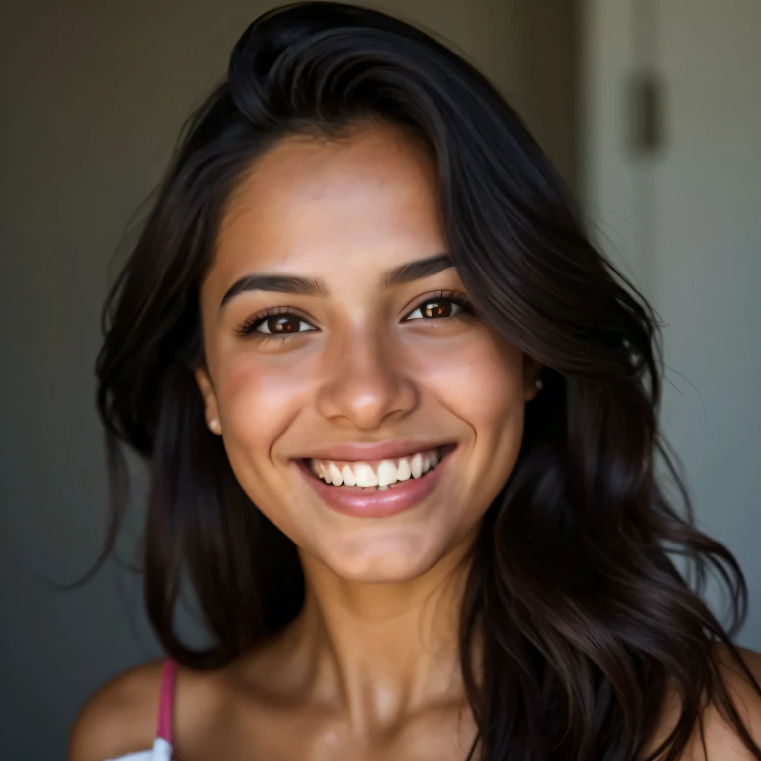 A beautiful young Latina woman, 2, originally from Venezuela, with dark hair and light brown colored eyes. She has a relaxed, neutral facial expression, typical of a professional model on a magazine cover. The scene is photographed with an iPhone, capturing her in soft lighting. The image is highly detailed and realistic, highlighting her natural beauty and professional demeanor without a smile.