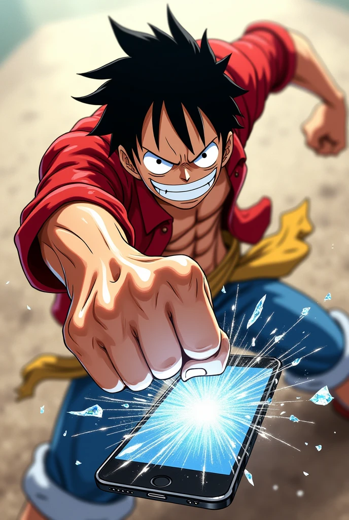 Luffy in animated mode throwing a violent punch towards the phone screen and breaking it realistically