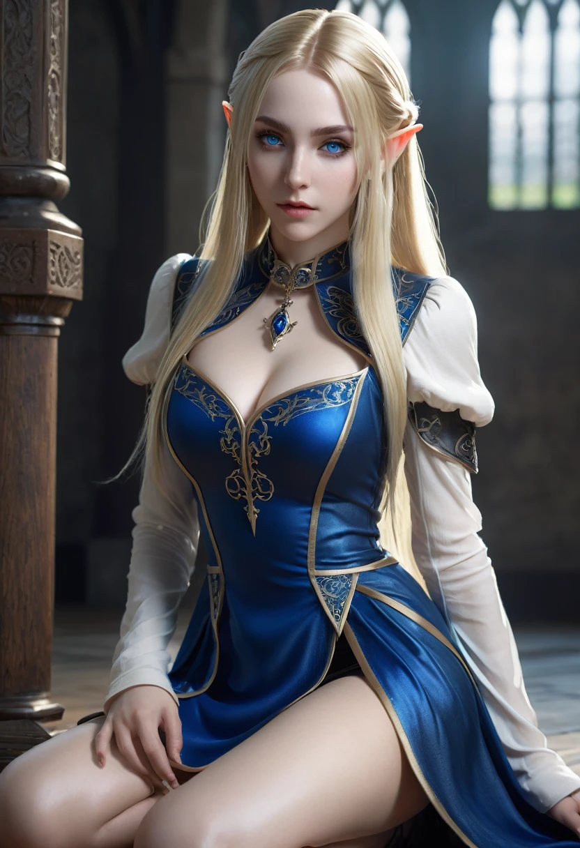 alone, Ultra HD Photos, Portrait of a Malicious Gothic Girl Unreal Engine 5 8K UHD, elf , Long blonde hair, Blue Eyes, Crouching in a skin-tight medieval dress, Sensual pose, Clothes made of transparent material, , Smooth white skin,, , Elf, Knight-style costume, collar, 長いElfの耳, Highest quality, masterpiece, , Unified 8k wallpaper, Very detailed, Sharp focus, Dynamic pose, Body parts,Open your legs invitingly, Wet groin, No extra limbs, Anatomy, to be precise