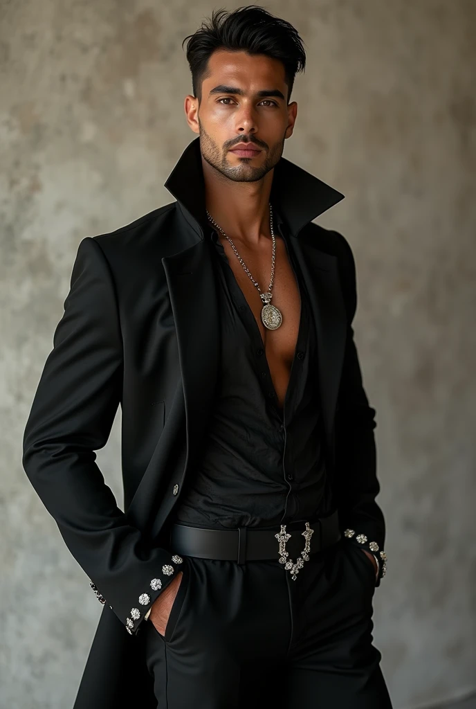 Real photo men's beauty fashion modern black clothing glamor luxury show haute couture latin man athletic sparkle stones