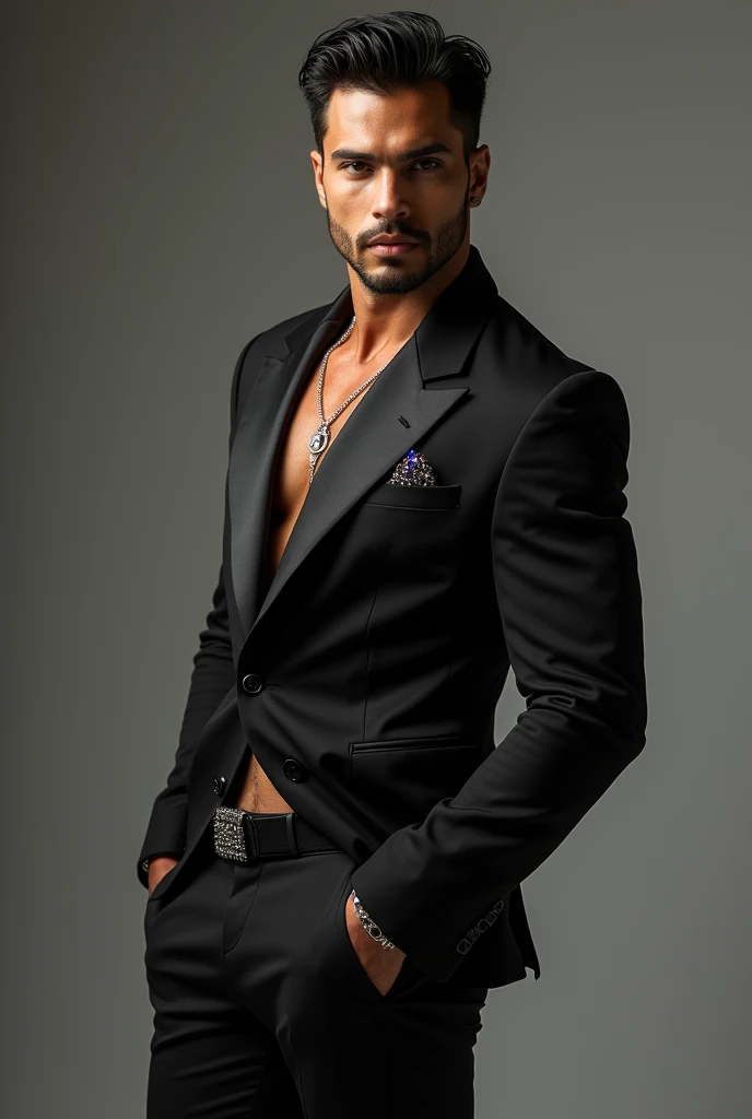 Real photo men's beauty fashion modern black clothing glamor luxury show haute couture latin man athletic sparkle stones