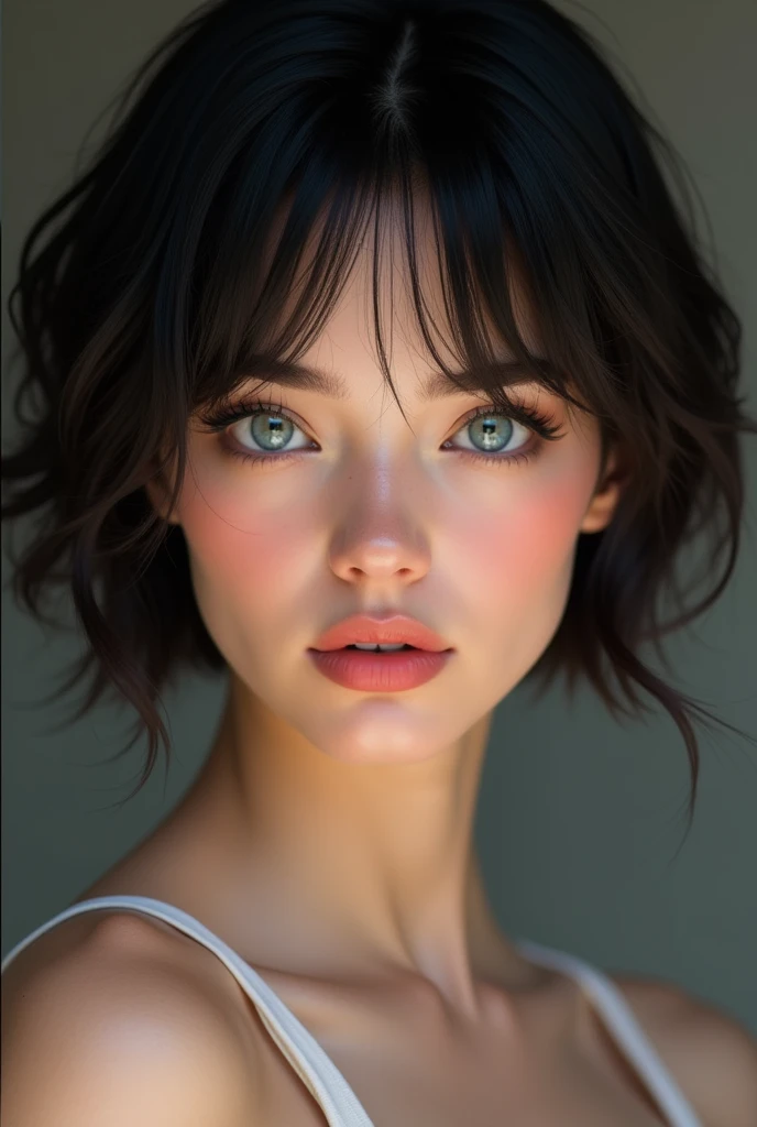 A hyper-realistic portrait of a young woman with short, jet-black hair and a modern, sleek cut. Her face is beautifully symmetrical, with striking almond-shaped sky blue eyes framed by long, thick eyelashes. His nose is slightly upturned, giving him a delicate and refined appearance. She has full, naturally pink lips that are perfectly shaped, and her cheeks have a soft, rosy hue that enhances her youthful glow. The lighting is soft, illuminating your perfect skin and highlighting the contours of your face, giving you a seductive and captivating presence.