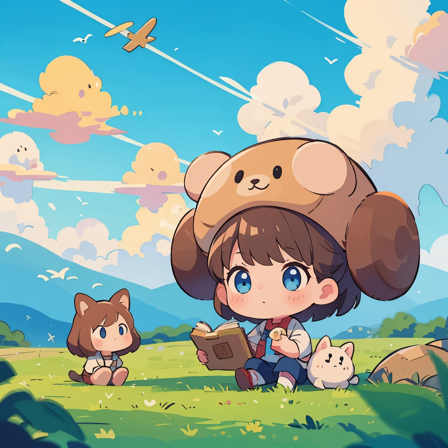 A brown-haired, blue-eyed 5girl is looking for things. sky