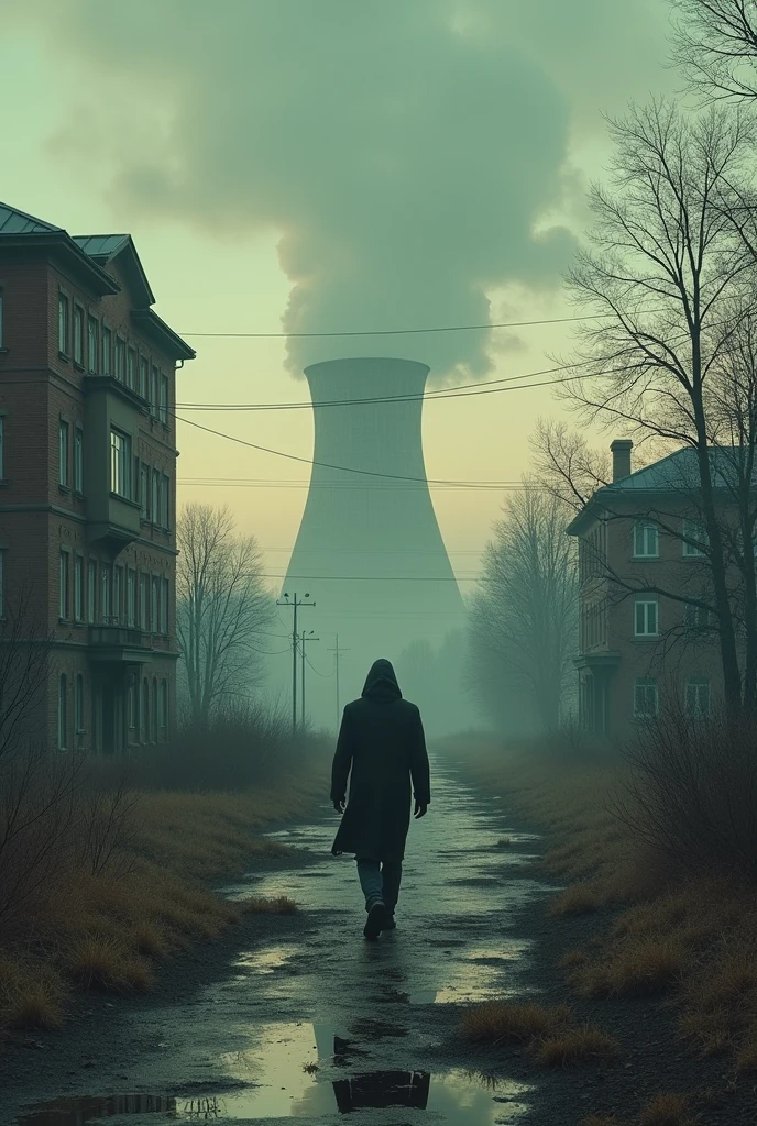 CHERnobyl flyer with danger and radiation signs with a person walking towards an abandoned nuclear power plant with abandoned buildings and a park 
