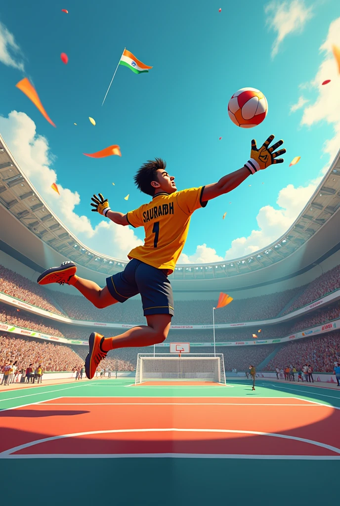 The handball play handball in the handball ground was open goalkeeper name was Saurabh written on his kit and he saves the ball without gloves Saurabh was on the sky national Sports day written with colourful background