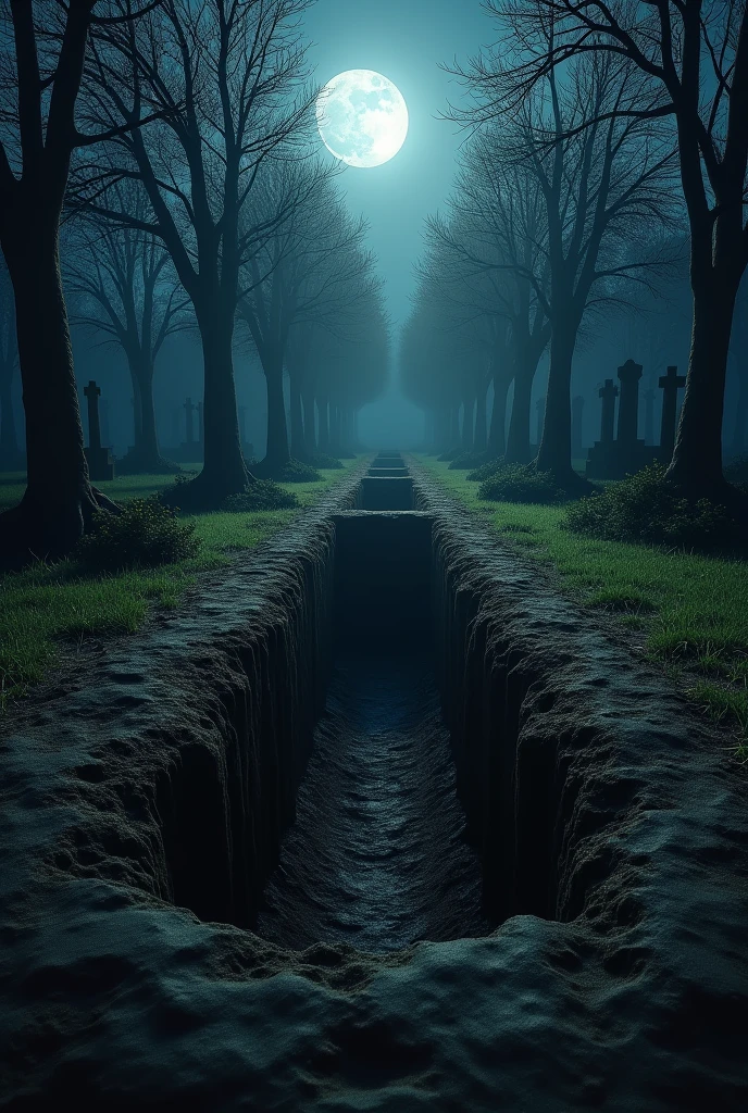(photorealism:1.2), A hole in the ground for a coffin at cemetery seen from above at midnight