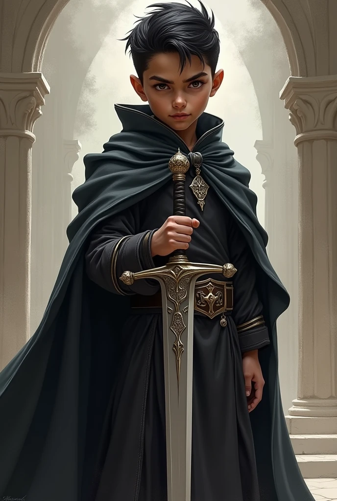 A young boy from , with short, black hair slicked back, brown skinned with dark eyes, with a long dark cape and black medieval robes, wearing a majestic sword in his hand and a defiant look