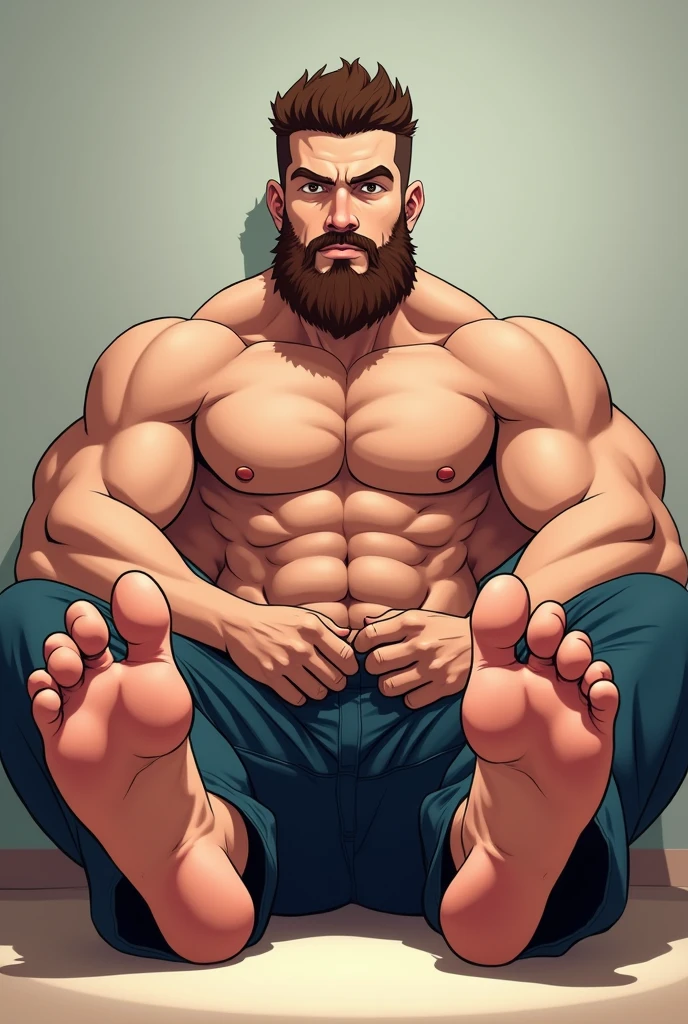 Anime styled. Muscular male with brown hair and beard sitting on the floor with his bare feet outstreched infront of him. Camera facing him infront of him as he shows of his feet
