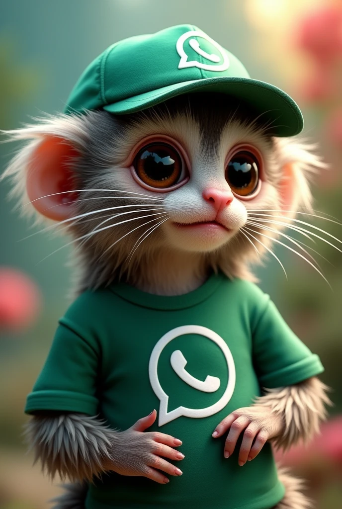 Create a profile picture of a marmoset with a WhatsApp shirt and a WhatsApp cap, add an eye-catching background