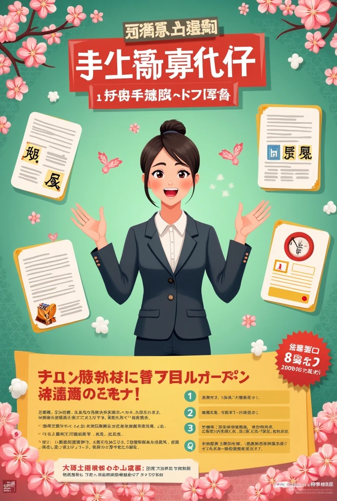 Create a poster for the Tokutei Kaigo certification exam preparation course. The main color is green., yellow and red In the middle is an enthusiastic teacher teaching the course with a 15-session schedule Decorating Japanese symbols such as kanji, cherry blossom.
Effective E-Learning Course, exam-related documents