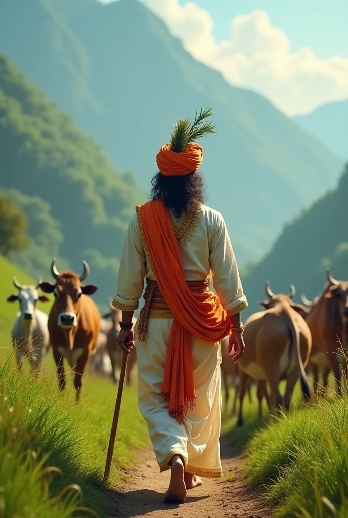 Create a image of lord Sri Krishna from behind, wearing a A kediyu is frock type kurta with frills, worn by the men in Gujarat, and turban adorned, stick in hand, walking with his cattle towards the green meadows on the mountain.